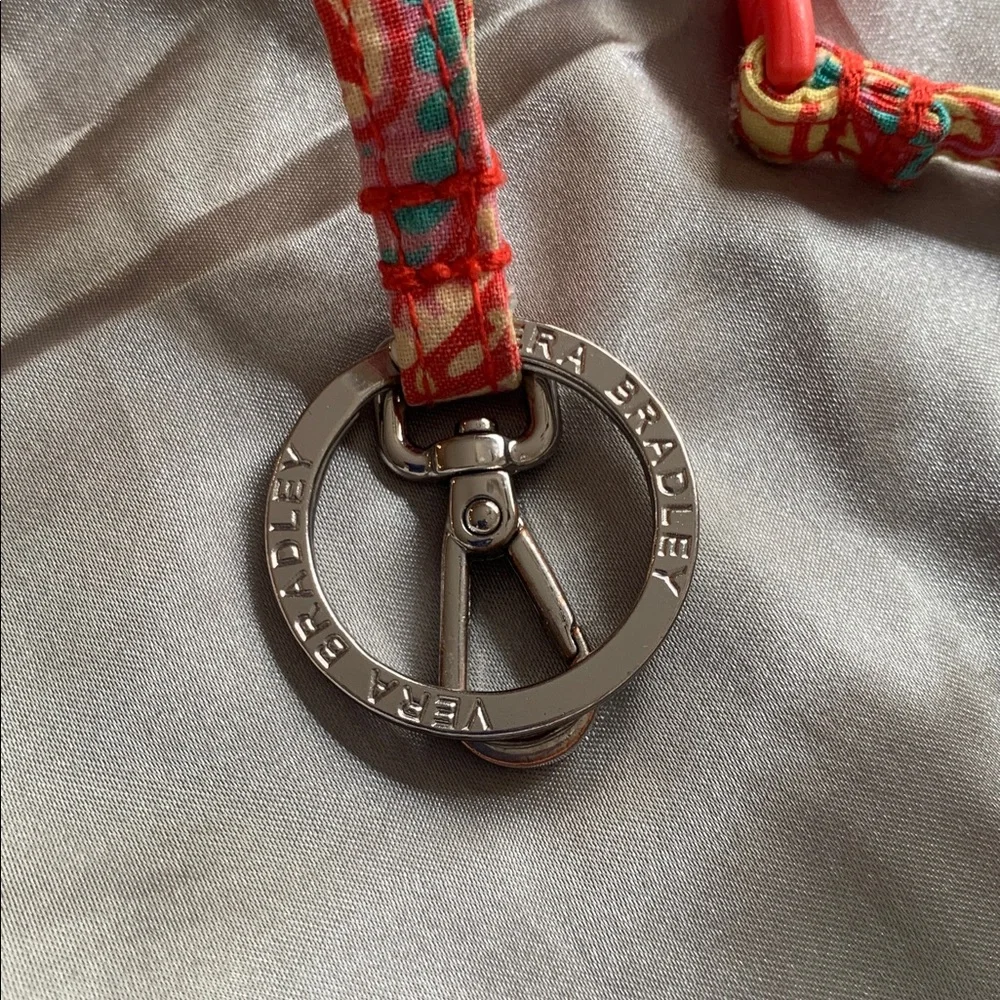 🌹VINTAGE Vera Bradley Coral Floral Keychain Necklace w/ Silver-Tone Ring Pendant